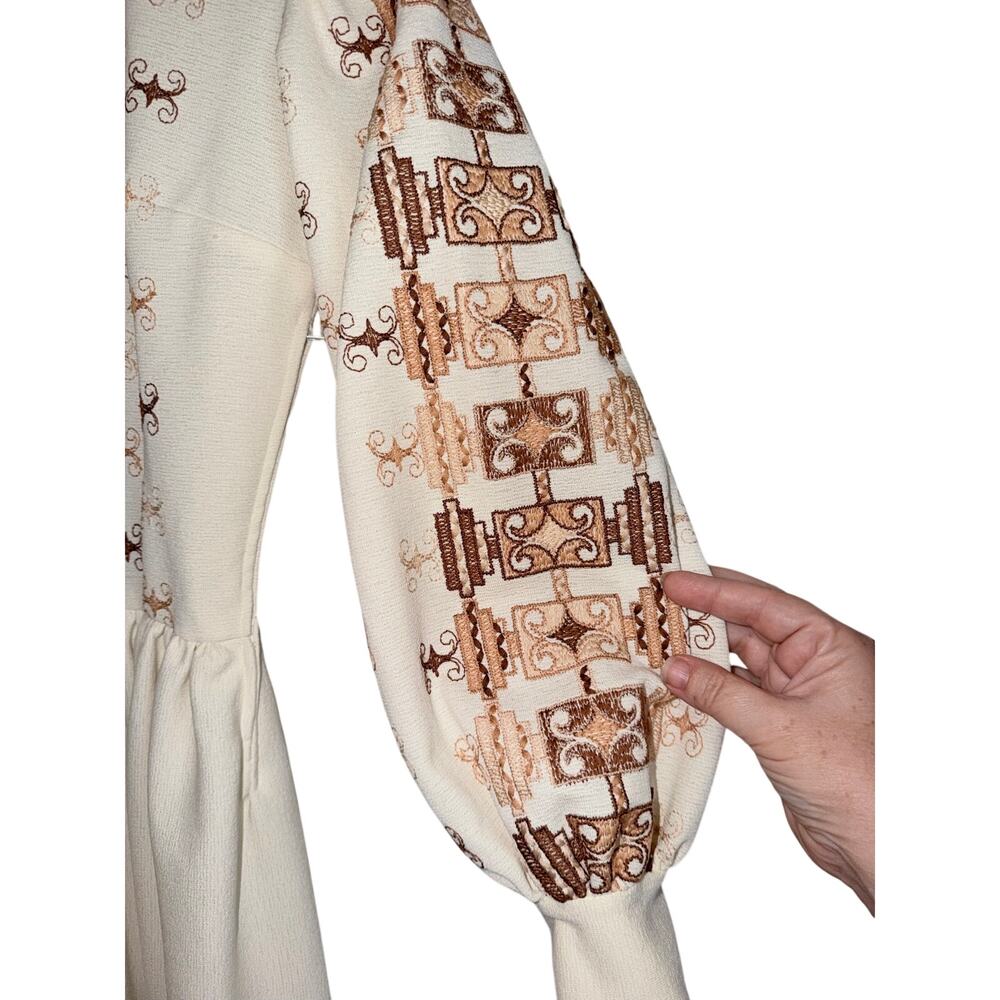 Vintage 70s Handmade Maxi Dress Brown boho retro Border Print Puff Sleeve small - Picture 6 of 9